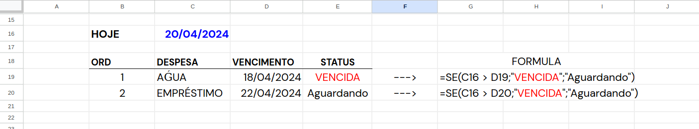 Exemplo de uso da fórmula SE: aviso de atraso de pagamento
